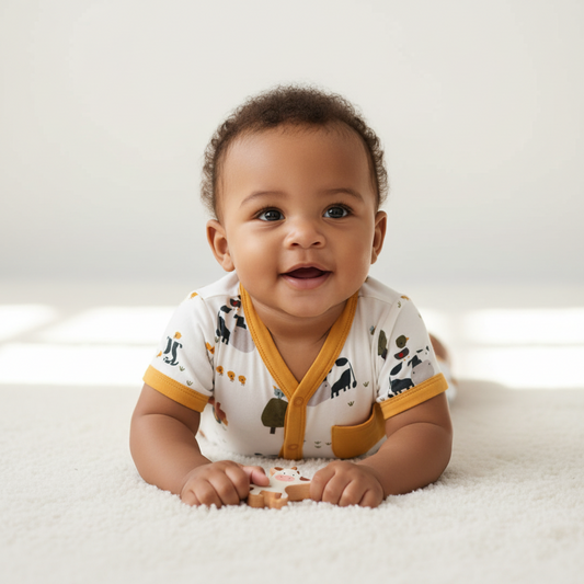 Farm animal print organic cotton baby romper by Viverano